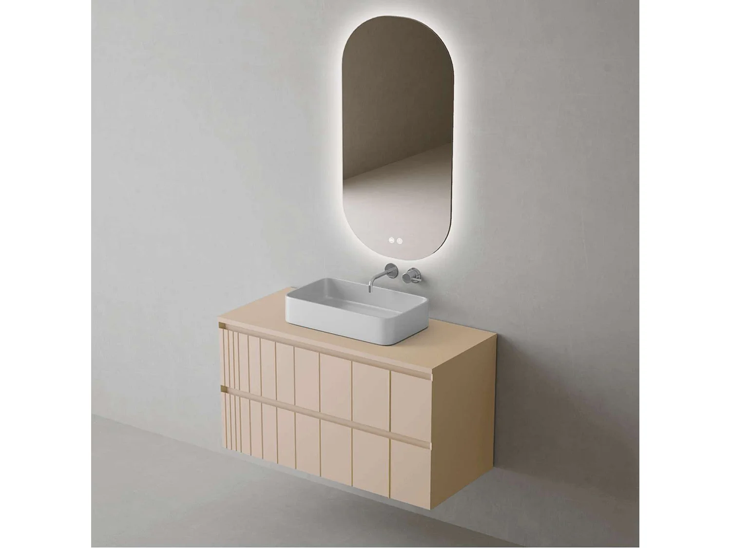 Meuble Salle de Bain POLE (61 cm x H54 x P45 cm), Plan Vasque Marin TAN WB, 2 Tiroirs, Laqué Greige Mat