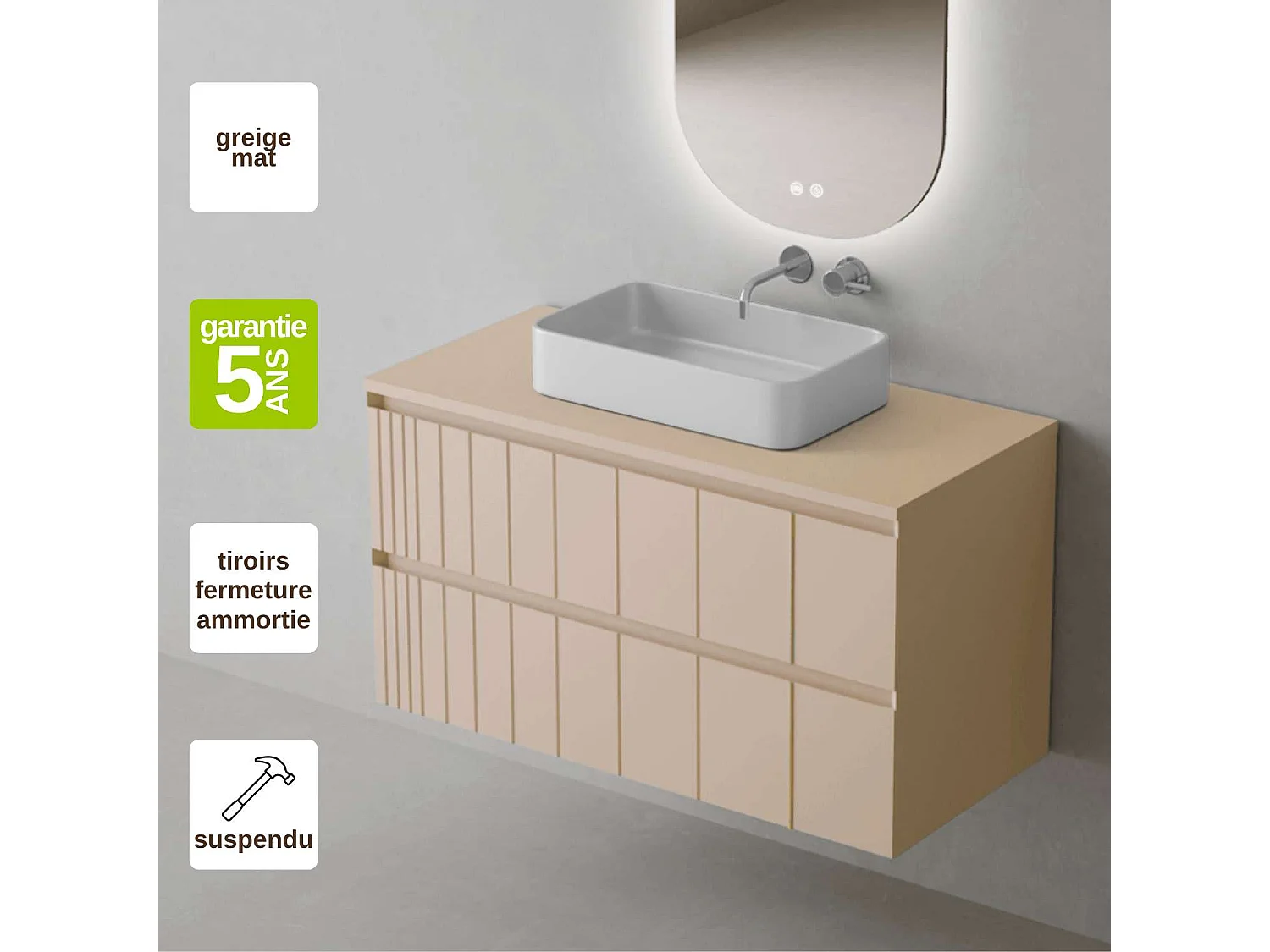 Meuble Salle de Bain POLE 60cm, Plan Vasque Marin TAN, 2 Tiroirs, Laqué Greige Mat, H 54cm x P 45cm