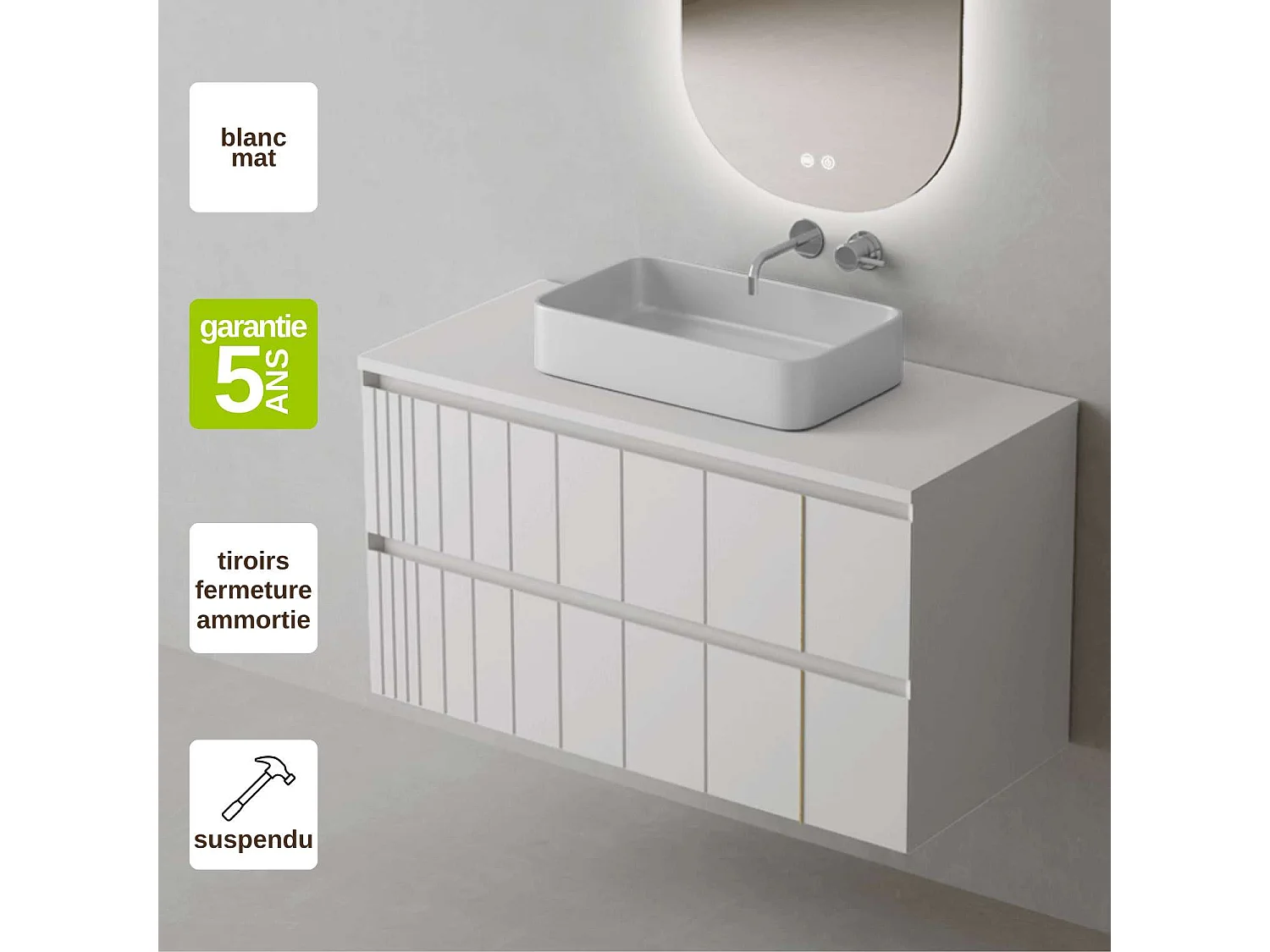 Meuble Salle de Bain POLE 80cm, Plan Vasque Marin TAN, 2 Tiroirs, Laqué Blanc Mat, H 54cm x P 45cm