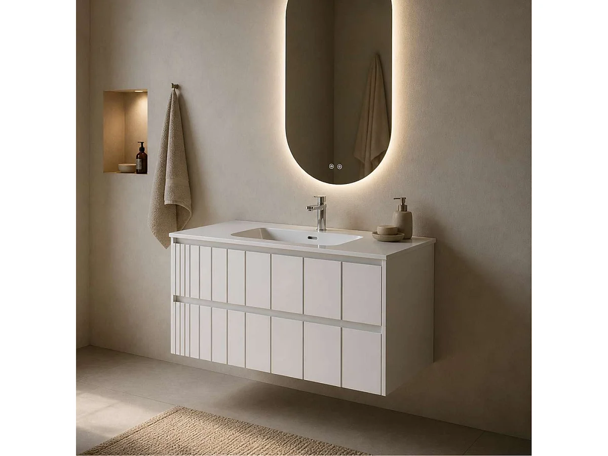 Meuble Salle de Bain POLE 80cm, Plan Vasque Marin TAN, 2 Tiroirs, Laqué Blanc Mat, H 54cm x P 45cm