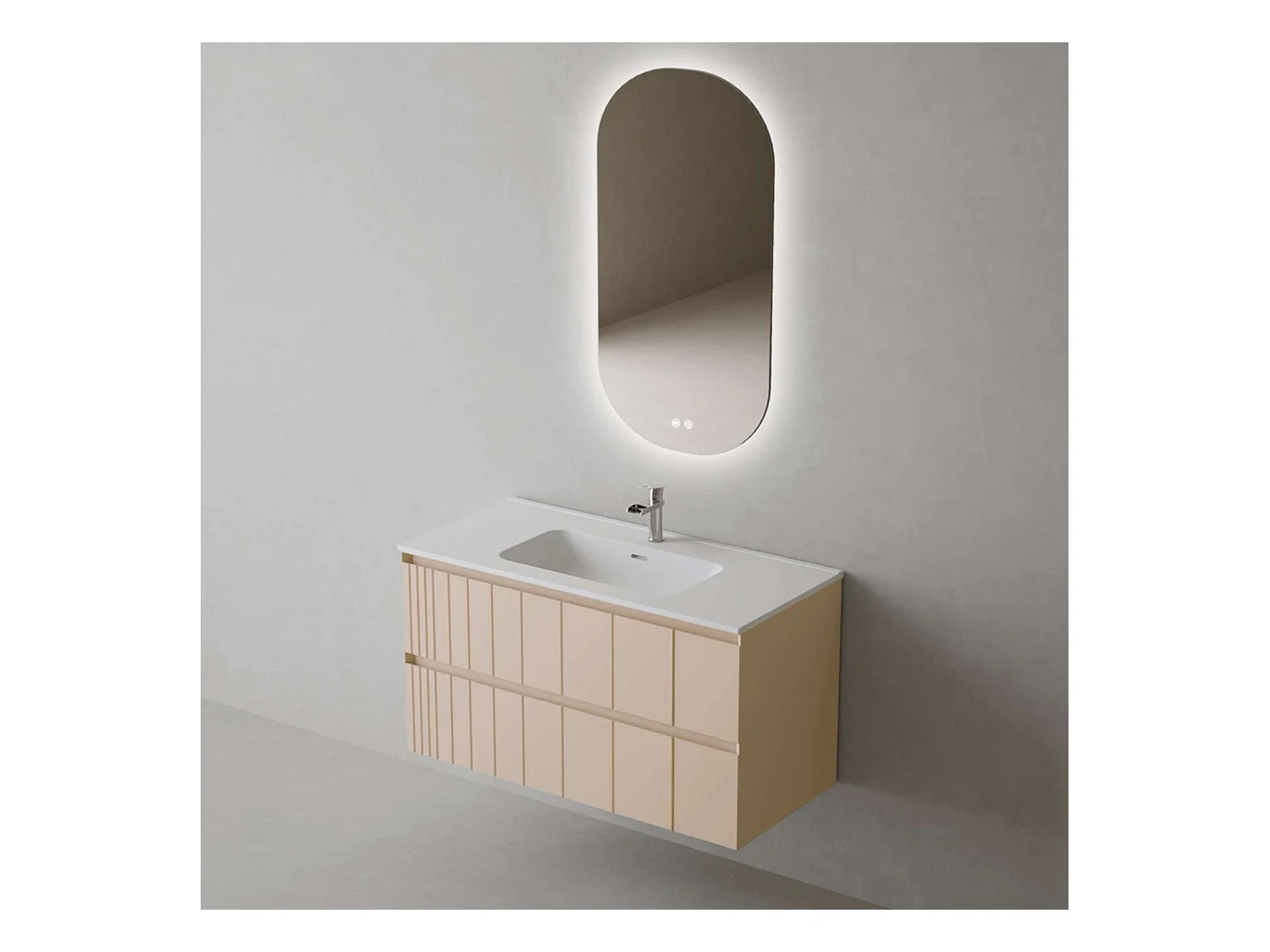 Meuble Salle de Bain POLE (81 cm x H54 x P45 cm), Plan Vasque Céramique WM, 2 Tiroirs, Laqué Greige Mat