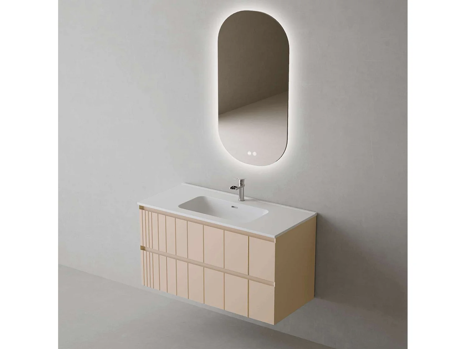 Meuble Salle de Bain POLE (81 cm x H54 x P45 cm), Plan Vasque Céramique WM, 2 Tiroirs, Laqué Greige Mat