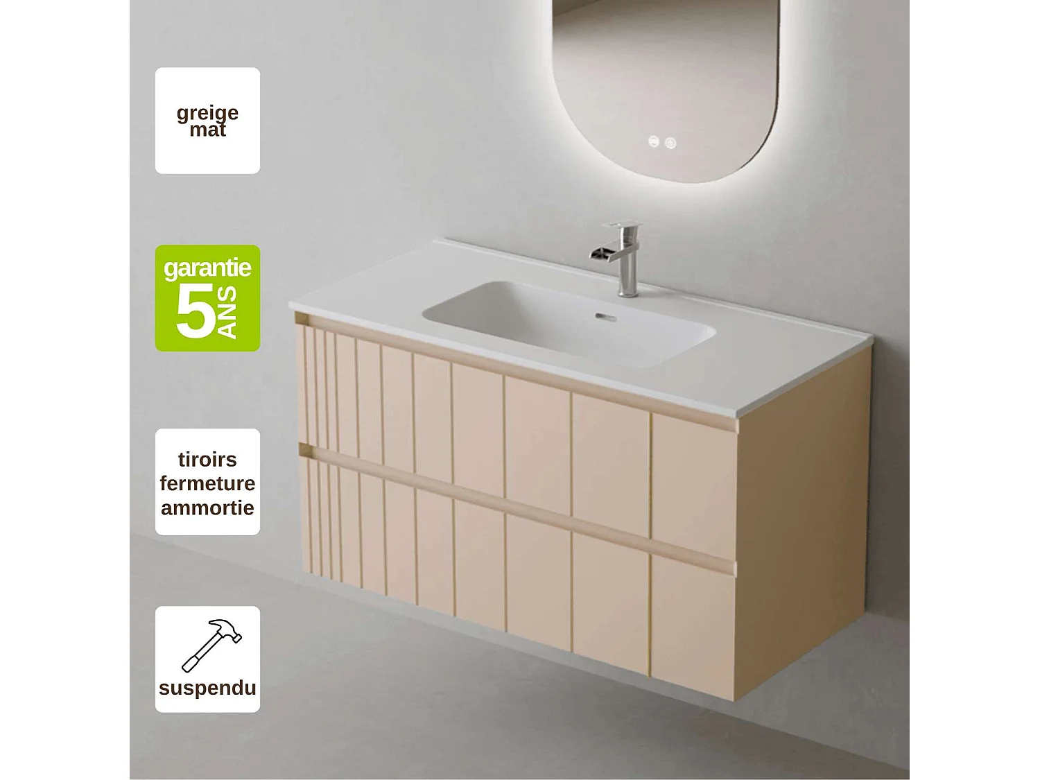 Meuble Salle de Bain POLE 80cm, Plan Vasque Céramique, 2 Tiroirs, Laqué Greige Mat, H 54cm x P 45cm