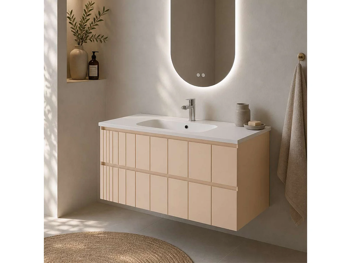Meuble Salle de Bain POLE 80cm, Plan Vasque Céramique, 2 Tiroirs, Laqué Greige Mat, H 54cm x P 45cm