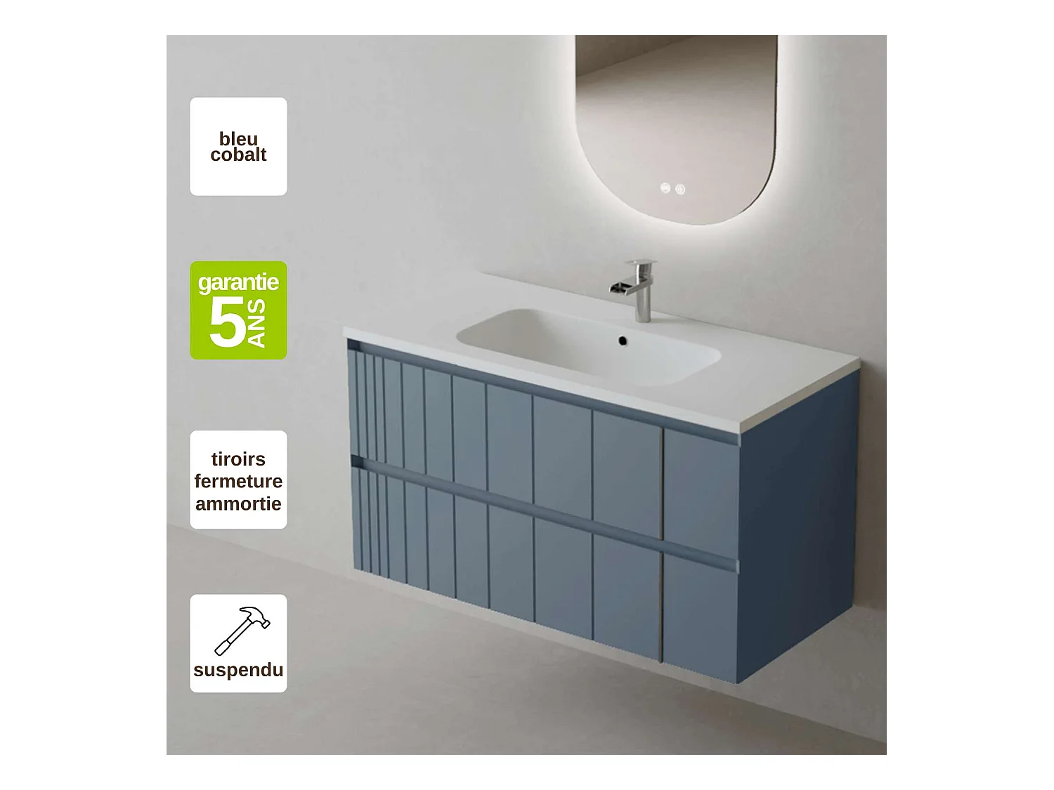 Meuble Salle de Bain POLE (101 cm x H54 x P45 cm), Plan Vasque Solide Surface MB, 2 Tiroirs, Laqué Bleu Cobalt Mat