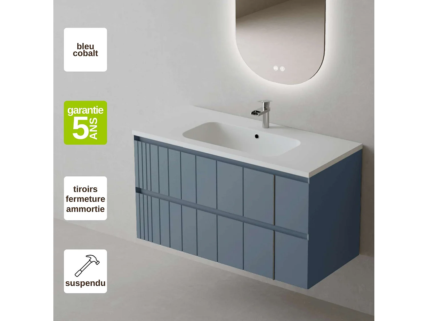 Meuble Salle de Bain POLE 100cm, Plan Vasque Solid Surface, 2 Tiroirs, Laqué Bleu Cobalt, H 54cm x P 45cm