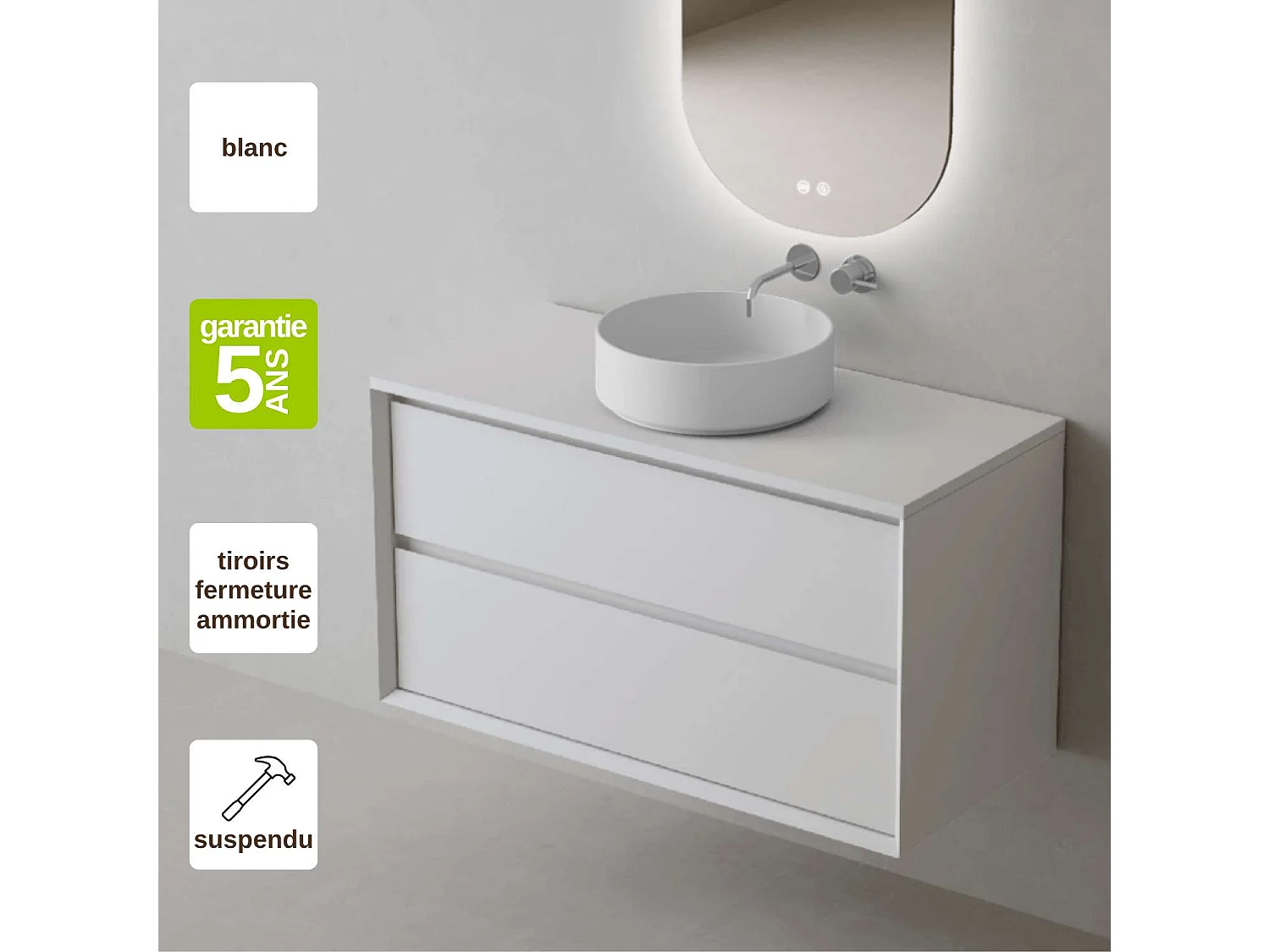 Meuble Salle de Bain COOL 60cm, Plan Vasque Marin ROLL, 2 Tiroirs, Laqué Blanc Mat, H 54cm x P 45cm