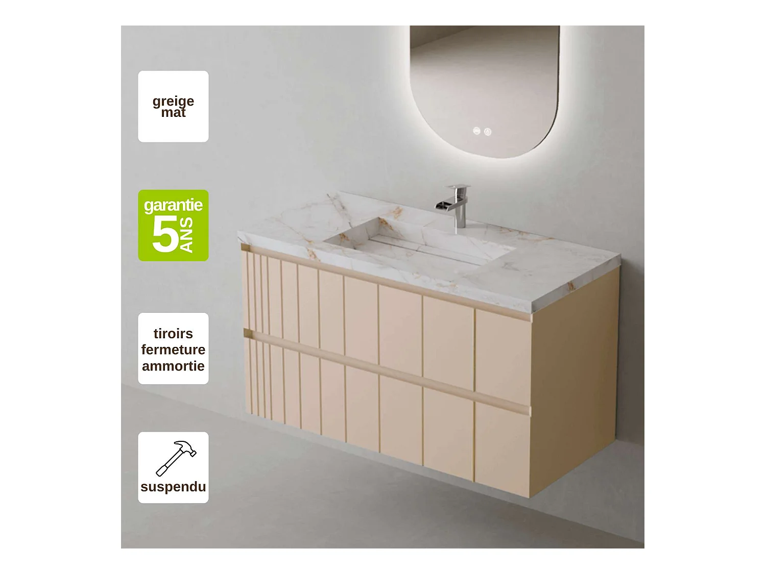 Meuble Salle de Bain POLE (81 cm x H54 x P45 cm), Plan Grès Cérame BS, 2 Tiroirs, Laqué Greige Mat