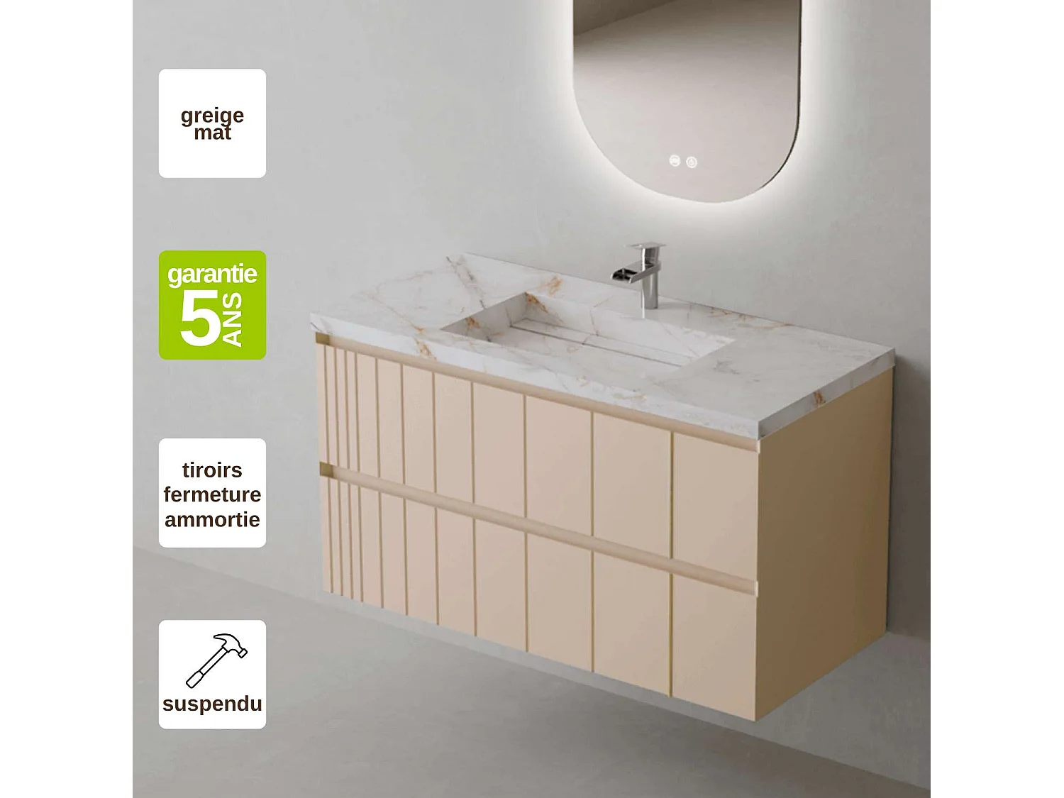 Meuble Salle de Bain POLE 80cm, Plan Vasque Grès Cérame, 2 Tiroirs, Laqué Greige Mat, H 54cm x P 45cm