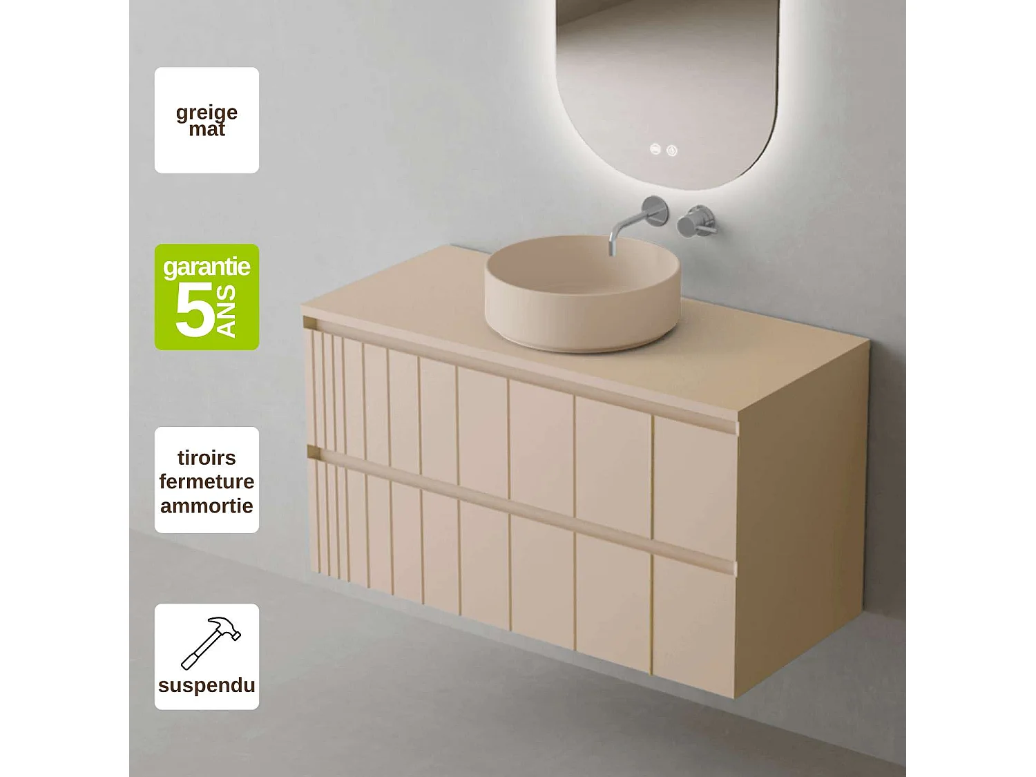 Meuble Salle de Bain POLE 100cm, Plan Vasque Marin ROLL, 2 Tiroirs, Laqué Greige Mat, H 54cm x P 45cm