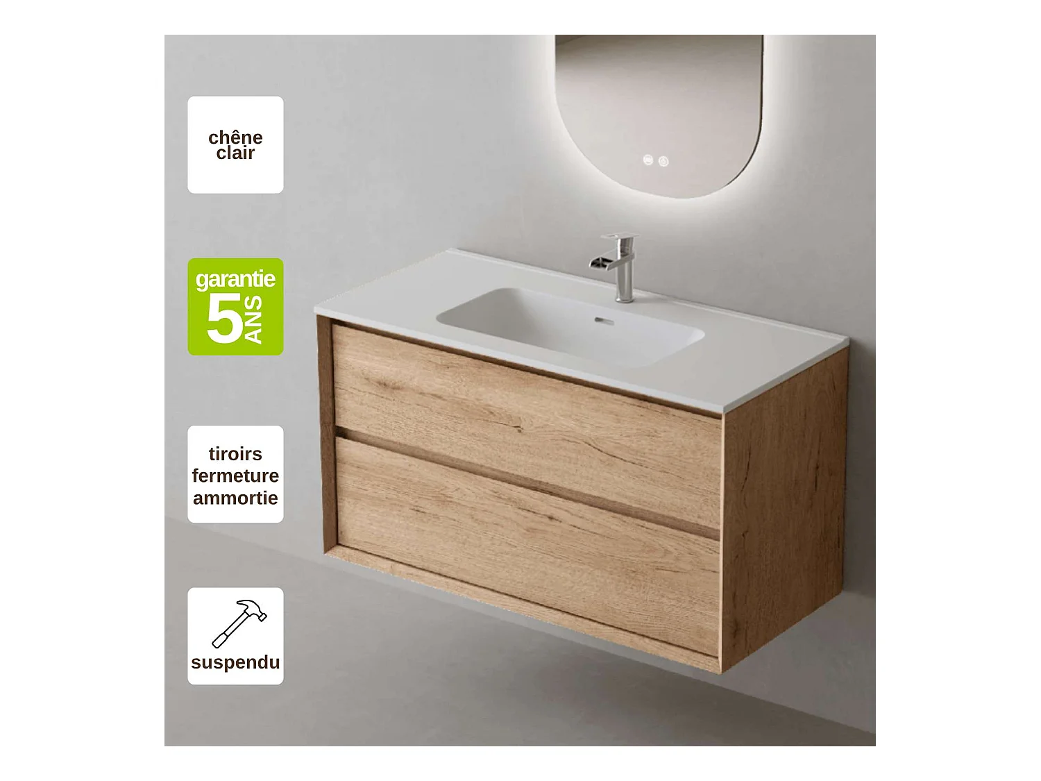 Meuble Salle de Bain COOL  (61 cm x H54 x P45 cm), Plan Vasque Céramique WM, 2 Tiroirs, Chêne Naturel