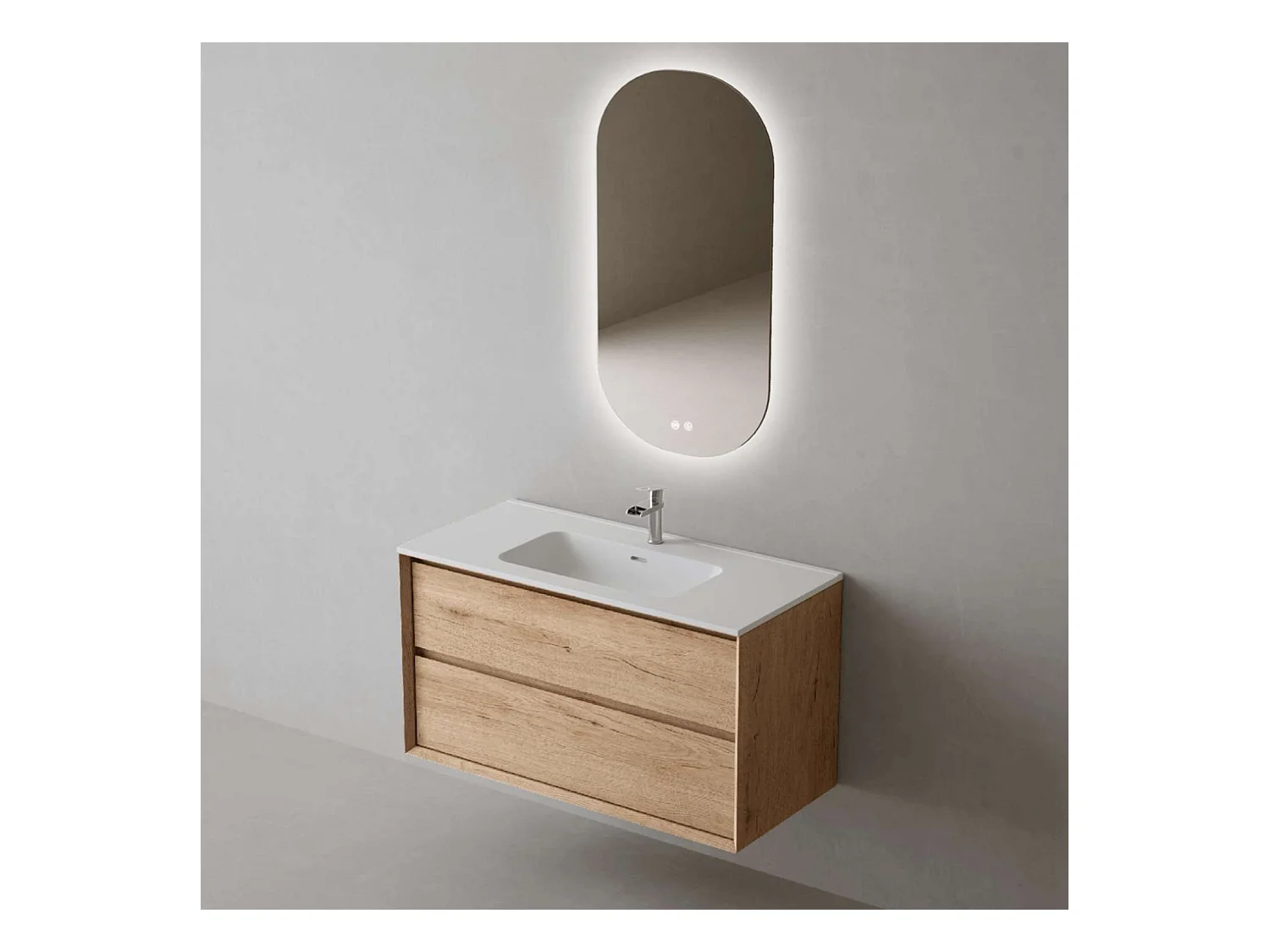 Meuble Salle de Bain COOL  (61 cm x H54 x P45 cm), Plan Vasque Céramique WM, 2 Tiroirs, Chêne Naturel