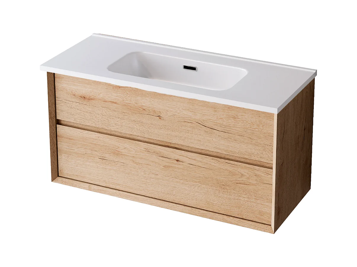 Meuble Salle de Bain COOL  (61 cm x H54 x P45 cm), Plan Vasque Céramique WM, 2 Tiroirs, Chêne Naturel