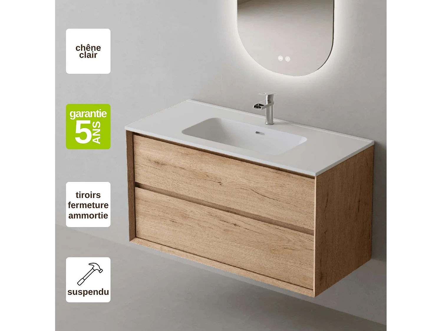 Meuble Salle de Bain COOL  (61 cm x H54 x P45 cm), Plan Vasque Céramique WM, 2 Tiroirs, Chêne Naturel