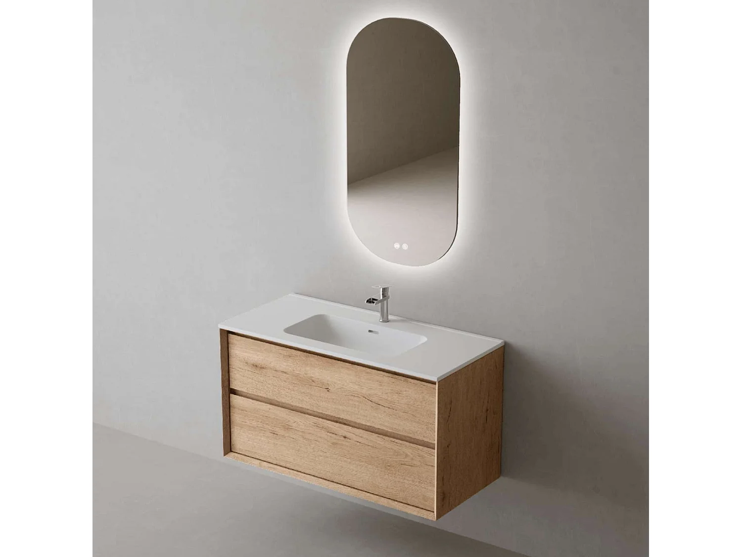 Meuble Salle de Bain COOL  (61 cm x H54 x P45 cm), Plan Vasque Céramique WM, 2 Tiroirs, Chêne Naturel