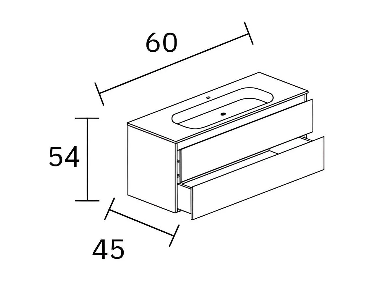 Meuble Salle de Bain COOL 60cm, Plan Vasque Céramique, 2 Tiroirs, Finition Chêne Naturel, H 54cm x P 45cm