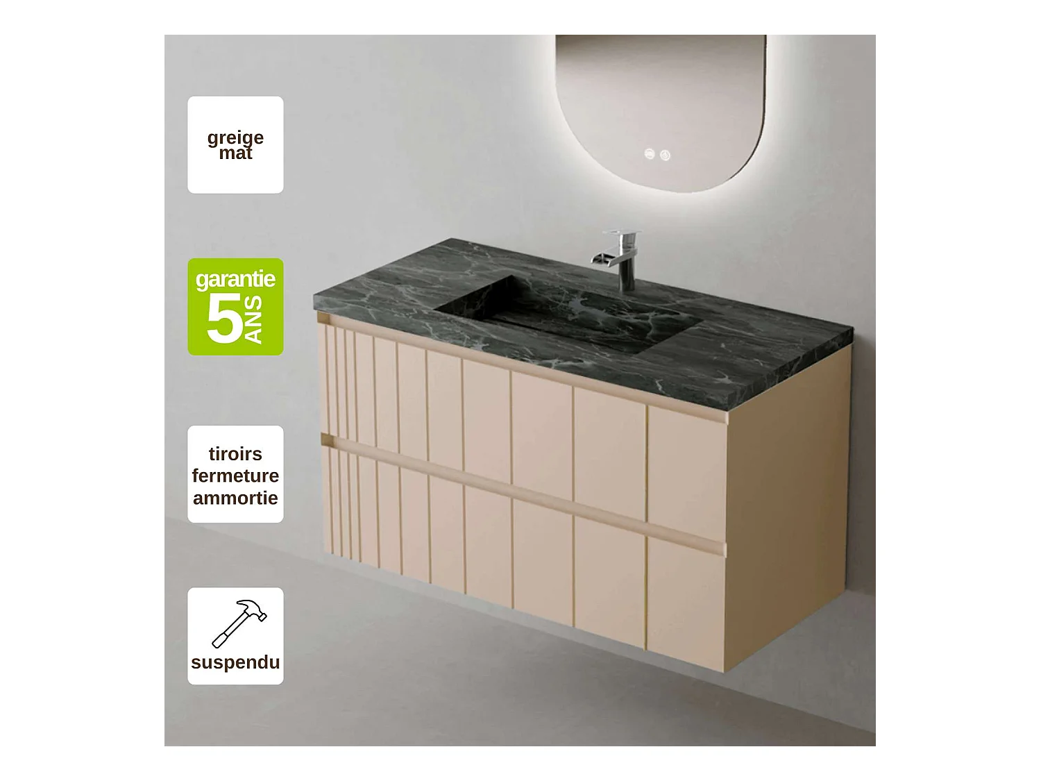 Meuble Salle de Bain POLE (101 cm x H54 x P45 cm), Plan Grès Cérame NA, 2 Tiroirs, Laqué Greige Mat