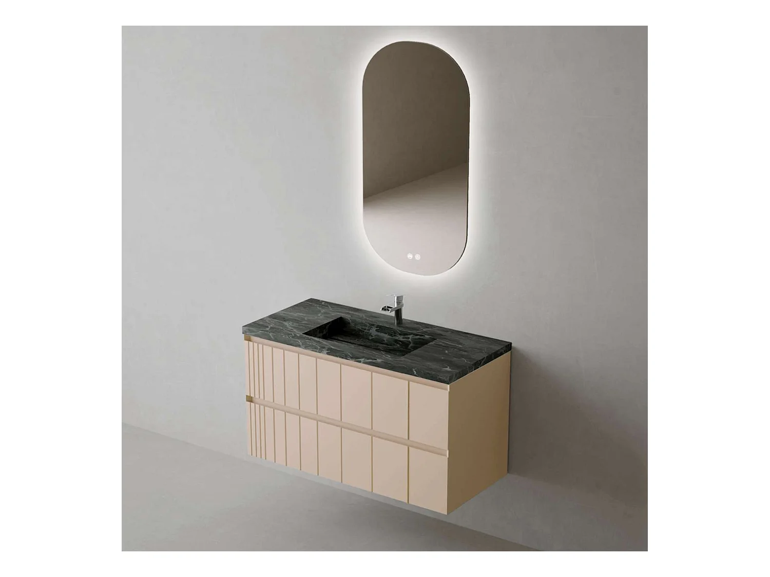 Meuble Salle de Bain POLE (101 cm x H54 x P45 cm), Plan Grès Cérame NA, 2 Tiroirs, Laqué Greige Mat