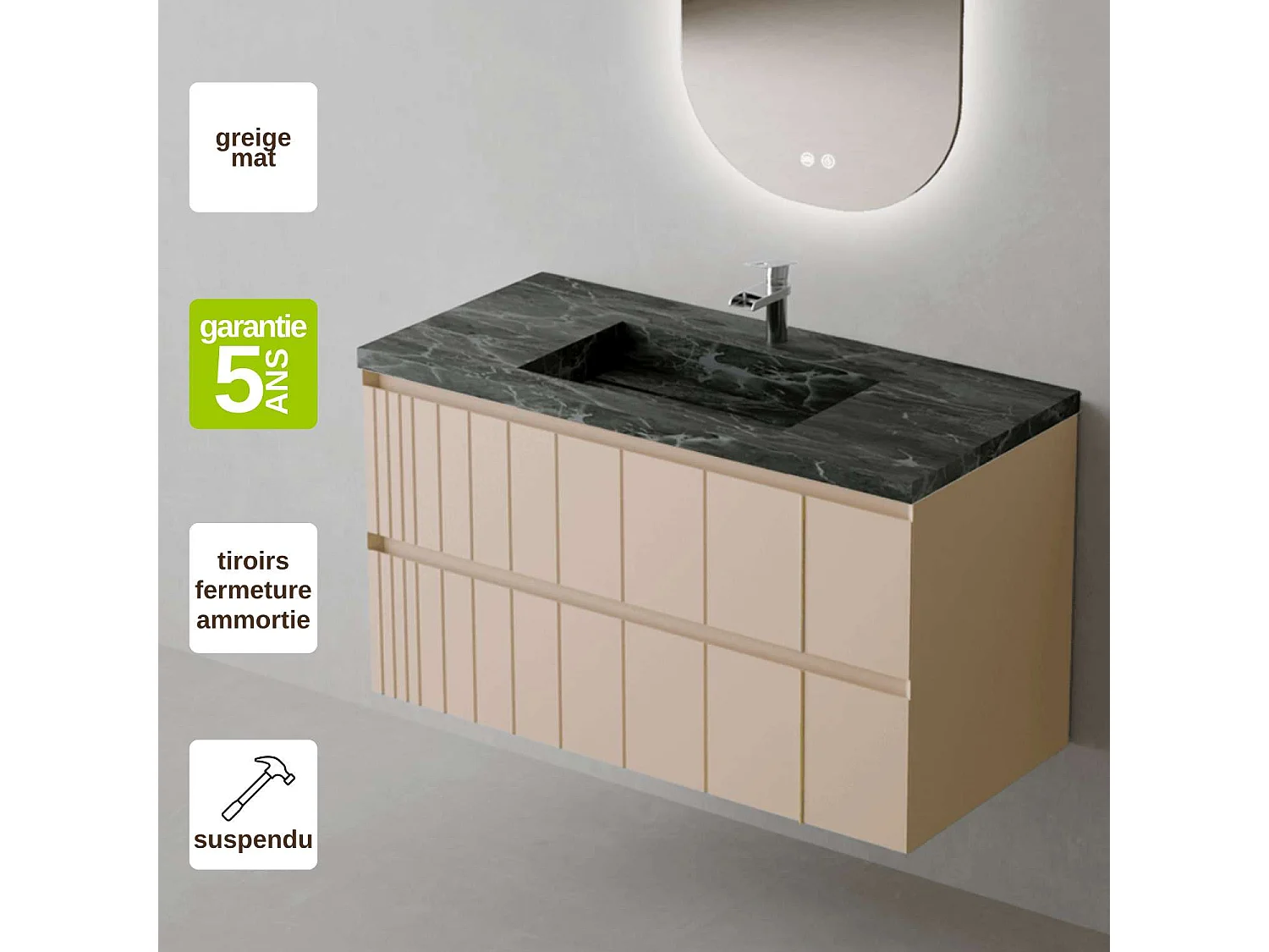 Meuble Salle de Bain POLE 100cm, Plan Vasque Grès Cérame, 2 Tiroirs, Laqué Greige Mat, H 54cm x P 45cm