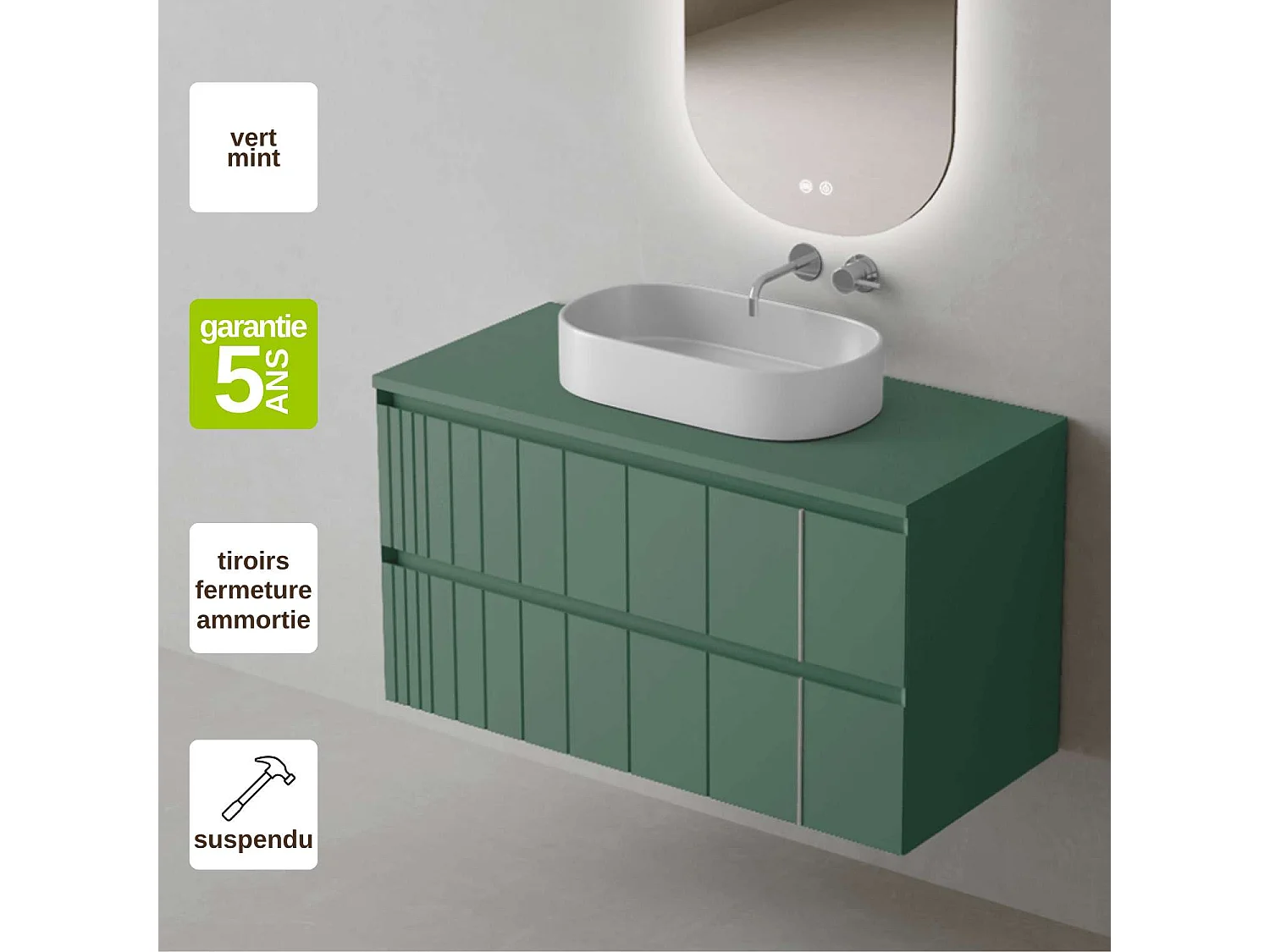 Meuble Salle de Bain POLE 80cm, Plan Vasque Marin VAL, 2 Tiroirs, Laqué Vert Mint, H 54cm x P 45cm