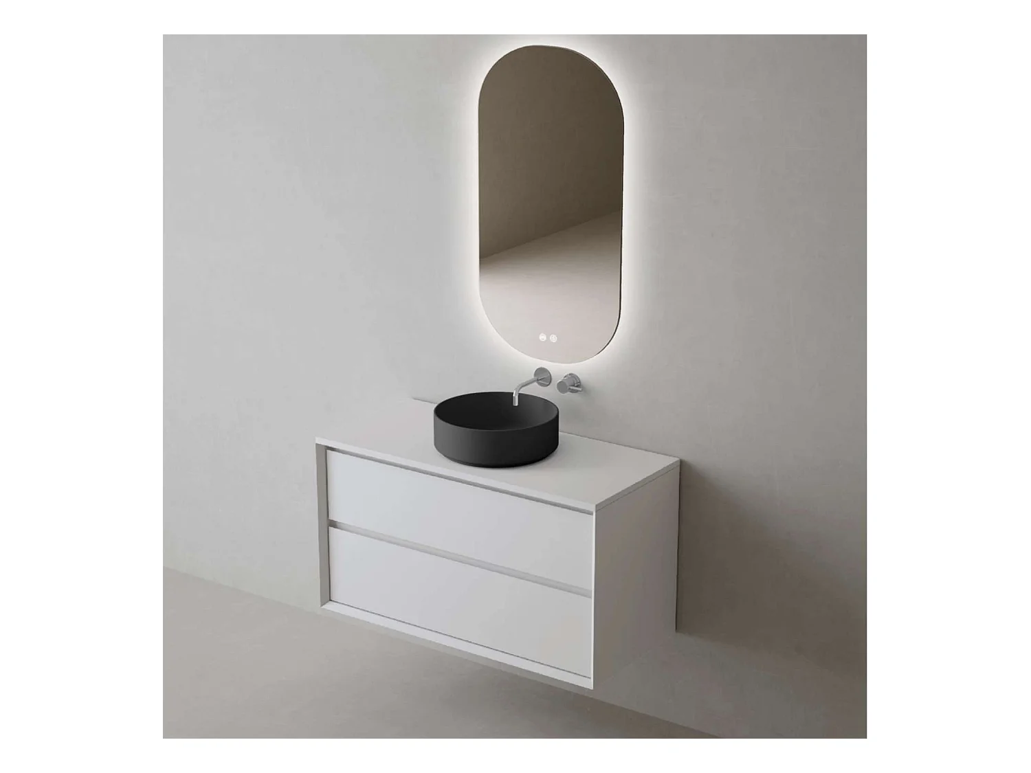 Meuble Salle de Bain COOL  (101 cm x H54 x P45 cm), Plan Vasque Marin ROLL NM, 2 Tiroirs, Laqué Blanc Mat/Noyer