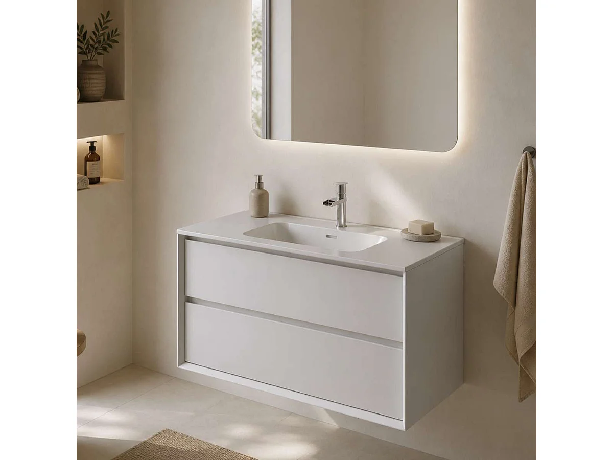 Meuble Salle de Bain COOL 100cm, Plan Vasque Marin ROLL, 2 Tiroirs, Laqué Blanc Mat, H 54cm x P 45cm