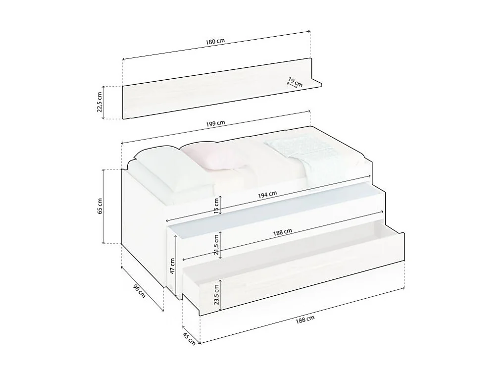 Cama doble juvenil con estante Nuit Blanco Artik (Blanco Mate) – Blanco Velho