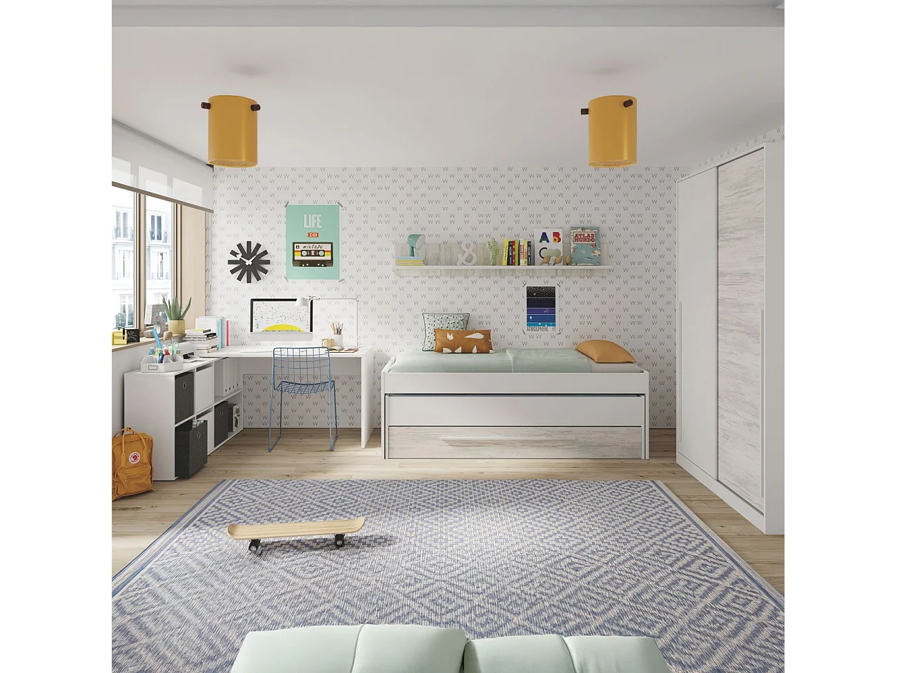 Cama doble juvenil con estante Nuit