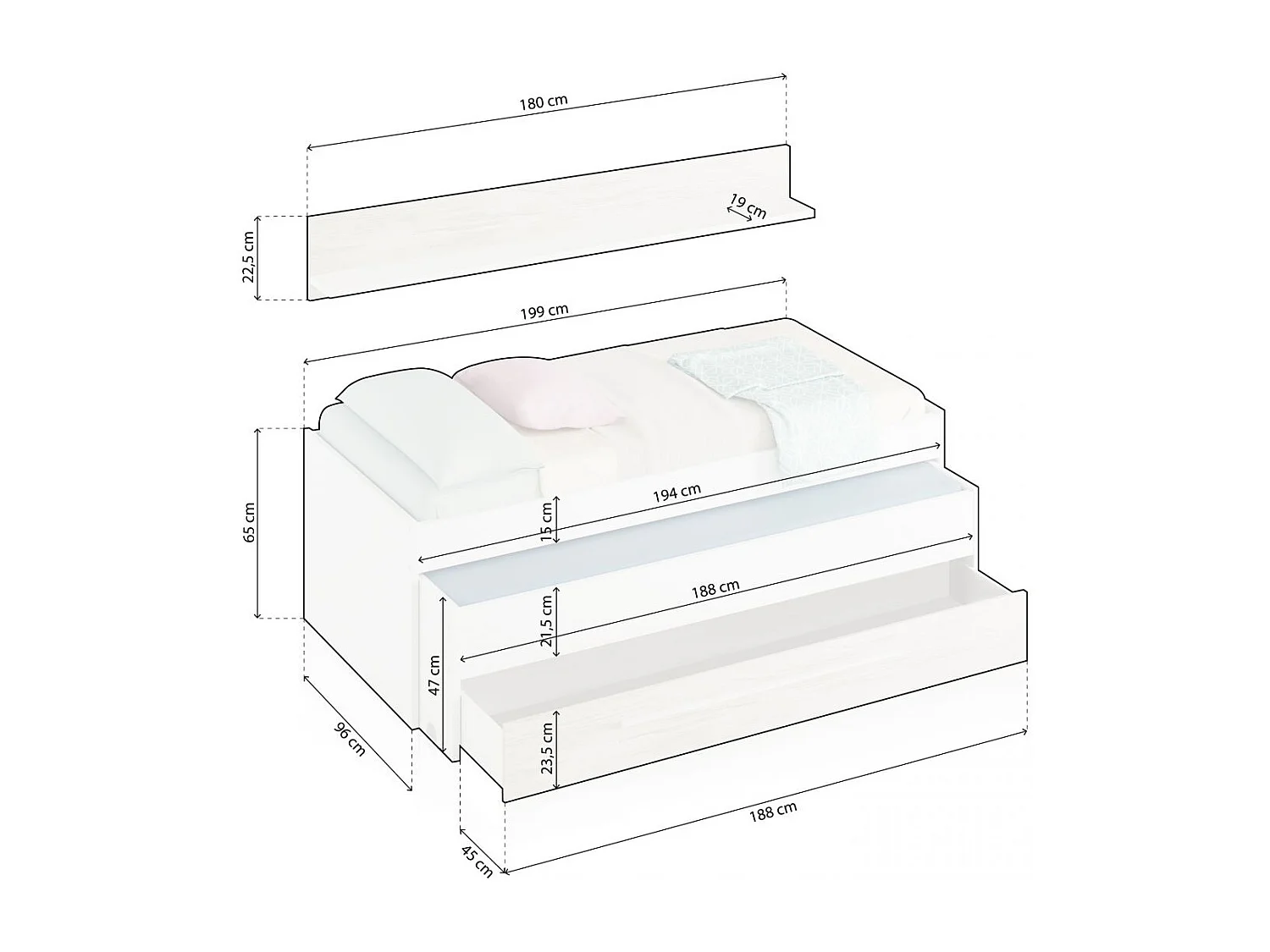 Cama doble juvenil con estante Nuit