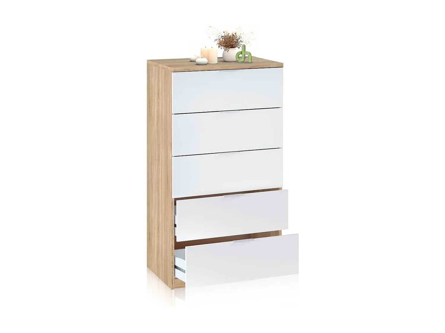 Cómoda de 5 cajones formato vertical en blanco mate y roble canadian 60x110 cm Akari Blanco Artik (Blanco Mate) - Roble Canadian