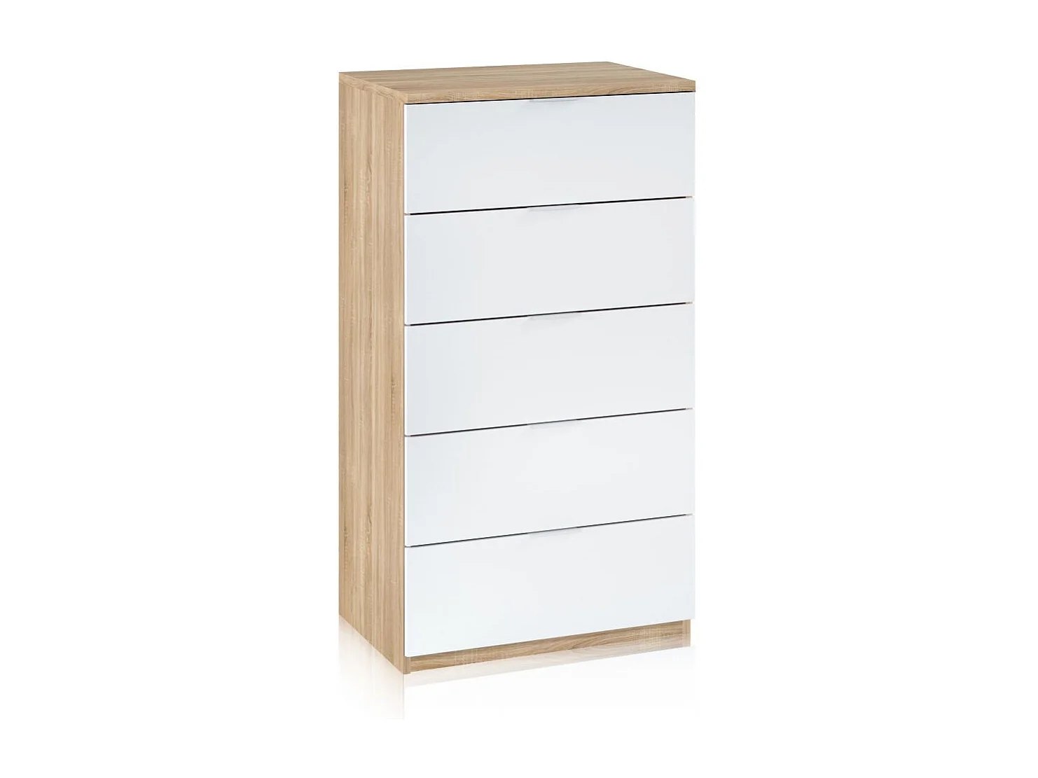 Cómoda de 5 cajones formato vertical en blanco mate y roble canadian 60x110 cm Akari Blanco Artik (Blanco Mate) - Roble Canadian