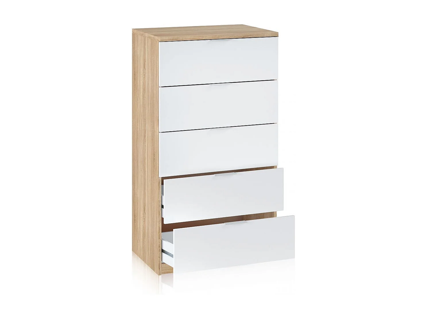 Cómoda de 5 cajones formato vertical en blanco mate y roble canadian 60x110 cm Akari Blanco Artik (Blanco Mate) - Roble Canadian