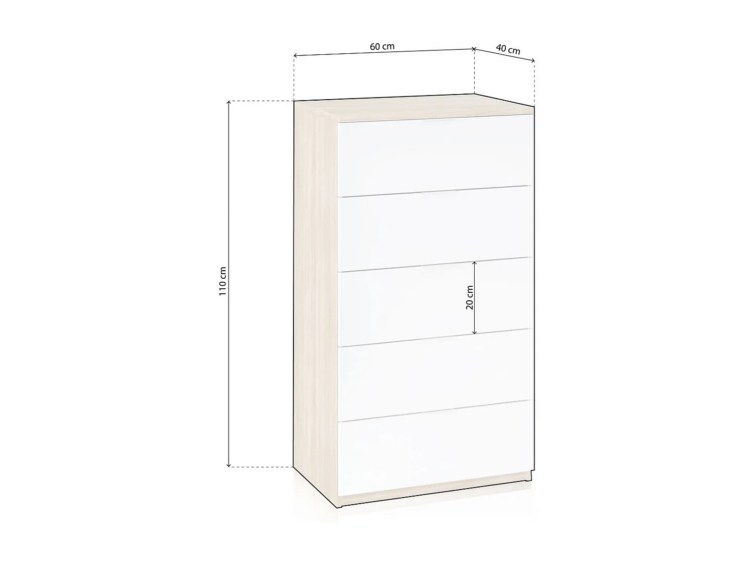 Cómoda de 5 cajones formato vertical en blanco mate y roble canadian 60x110 cm Akari Blanco Artik (Blanco Mate) - Roble Canadian