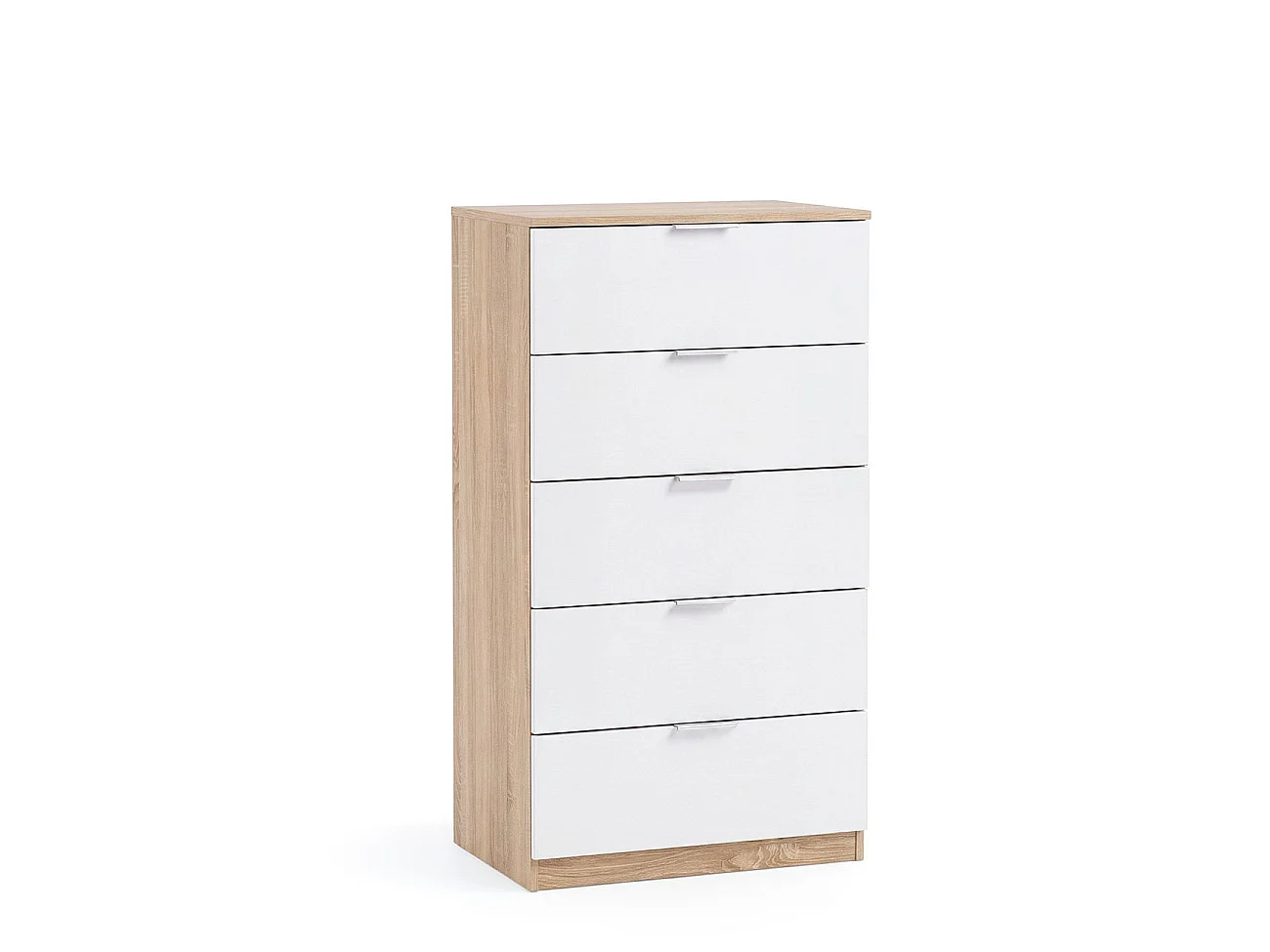 Cómoda alta de 5 cajones en blanco artik y roble canadian 60x110 cm Akari Blanco Artik (Blanco Mate) - Roble Canadian