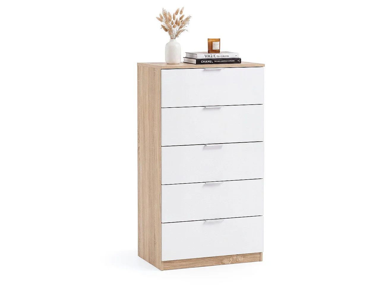 Cómoda alta de 5 cajones en blanco artik y roble canadian 60x110 cm Akari Blanco Artik (Blanco Mate) - Roble Canadian