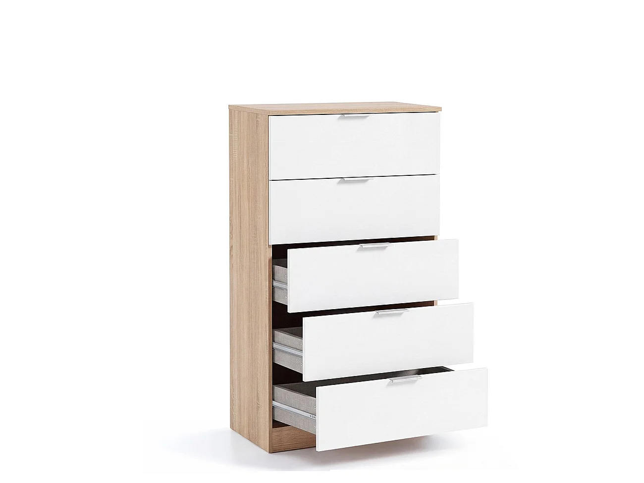 Cómoda alta de 5 cajones en blanco artik y roble canadian 60x110 cm Akari Blanco Artik (Blanco Mate) - Roble Canadian