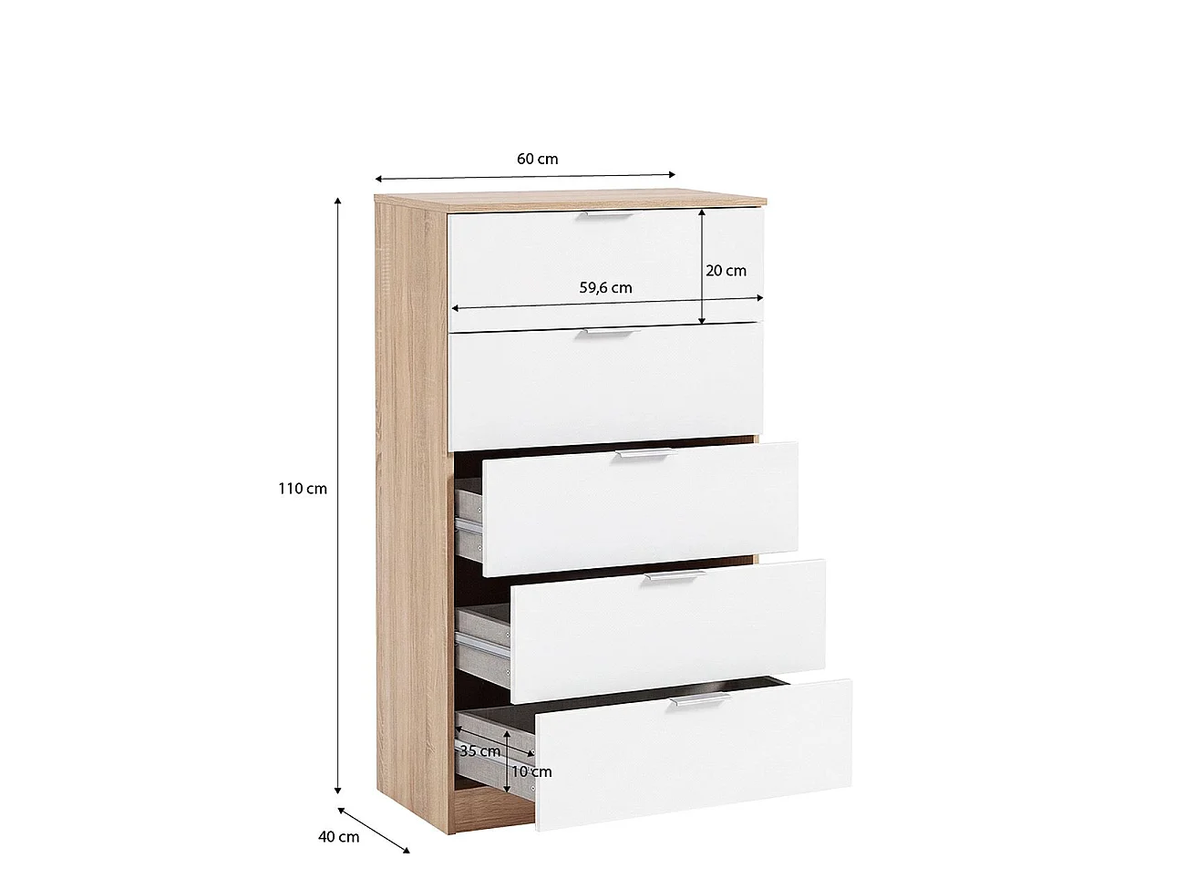 Cómoda alta de 5 cajones en blanco artik y roble canadian 60x110 cm Akari Blanco Artik (Blanco Mate) - Roble Canadian