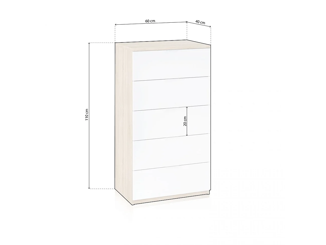 Cómoda alta de 5 cajones en blanco artik y roble canadian 60x110 cm Akari Blanco Artik (Blanco Mate) - Roble Canadian