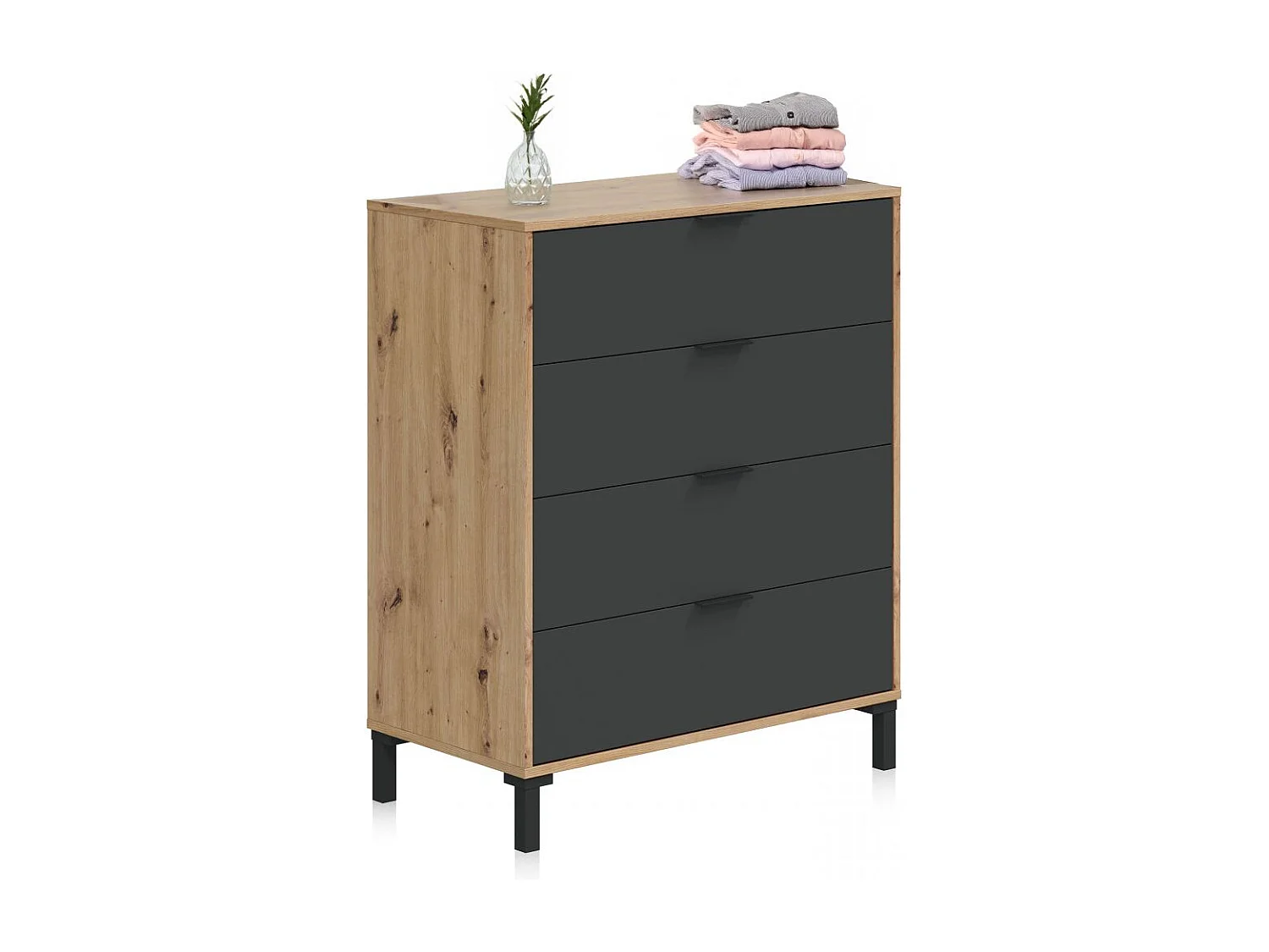 Cómoda de 4 cajones formato vertical en gris antracita y roble nodi 77,5x94 cm Luke Gris Antracita - Roble Nodi