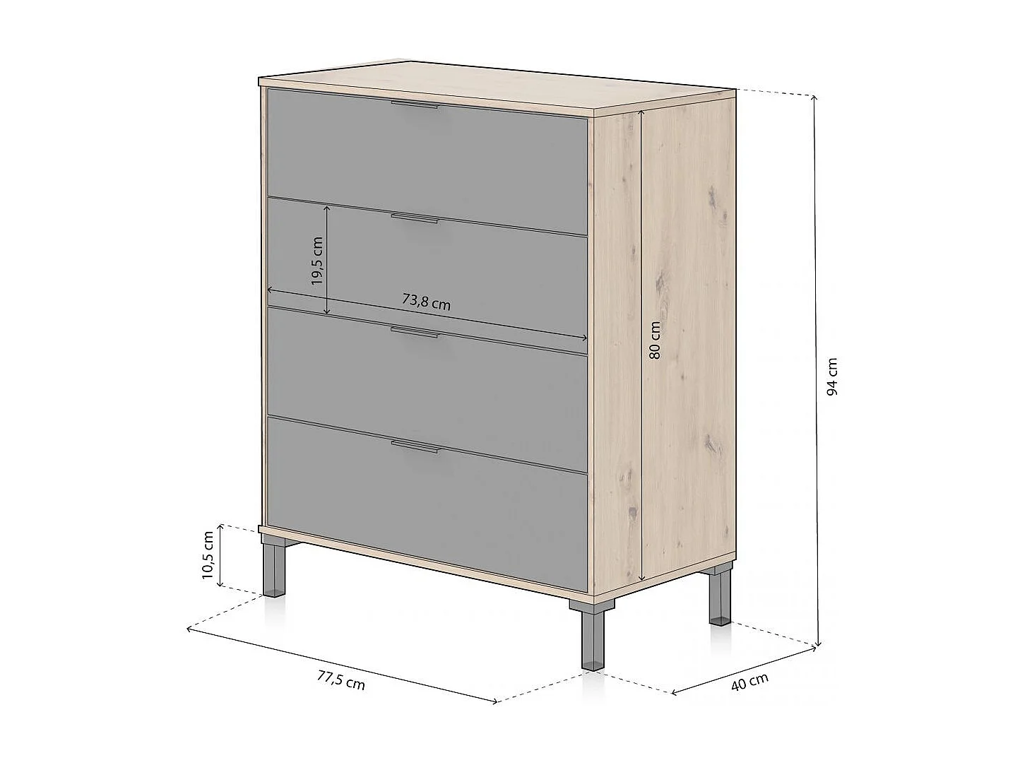 Cómoda de 4 cajones formato vertical en gris antracita y roble nodi 77,5x94 cm Luke Gris Antracita - Roble Nodi