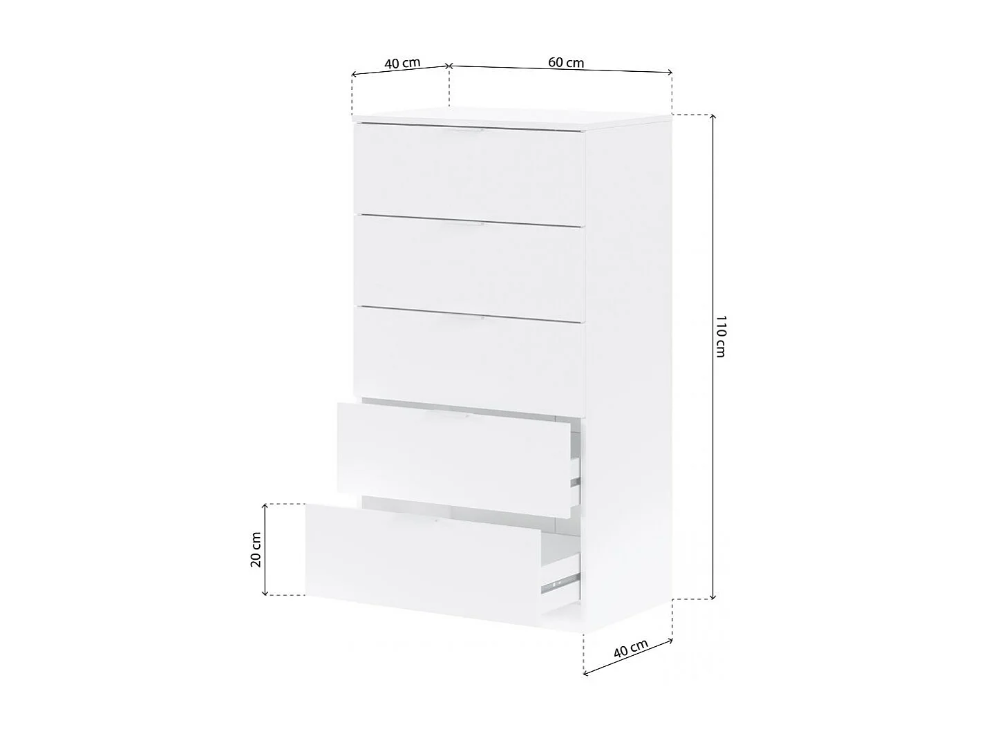 Cómoda de 5 cajones formato vertical en blanco mate 60x110 cm Akari Blanco Artik (Blanco Mate)