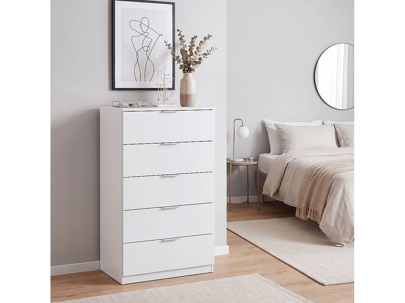Cómoda alta de 5 cajones en blanco artik 60x110 cm Akari Blanco Artik (Blanco Mate)
