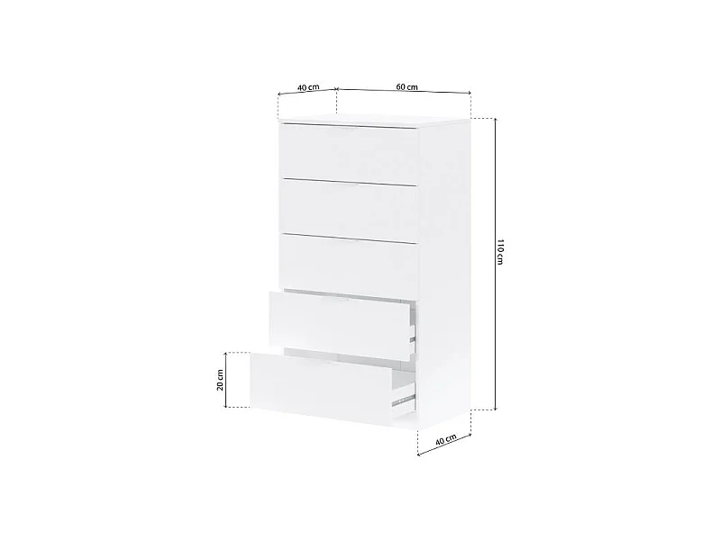 Cómoda alta de 5 cajones en blanco artik 60x110 cm Akari Blanco Artik (Blanco Mate)