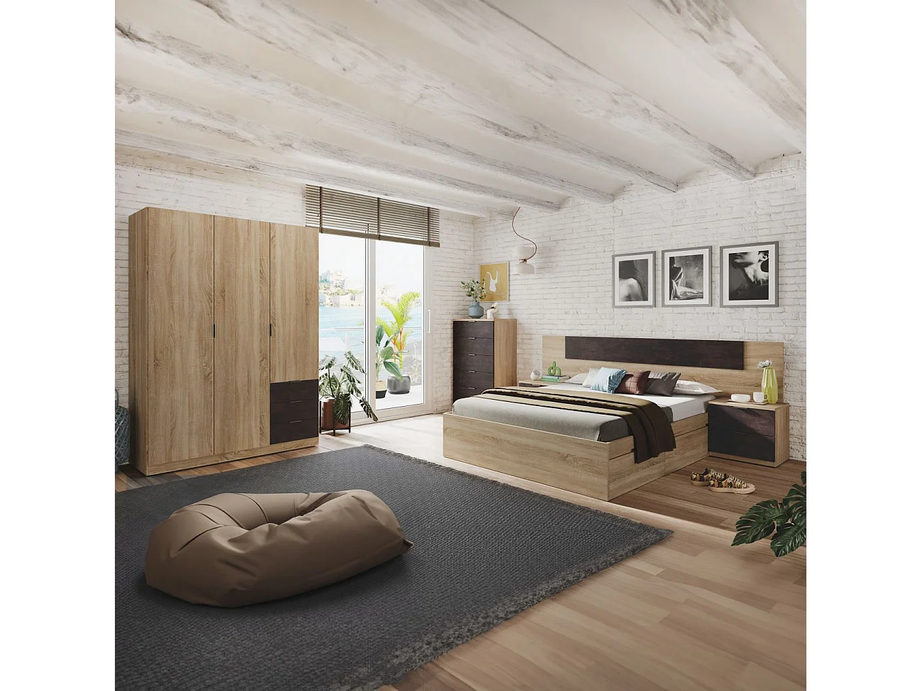 Cómoda alta de 5 cajones en roble canadian y óxido 60x110 cm Akari Roble Canadian - Óxido