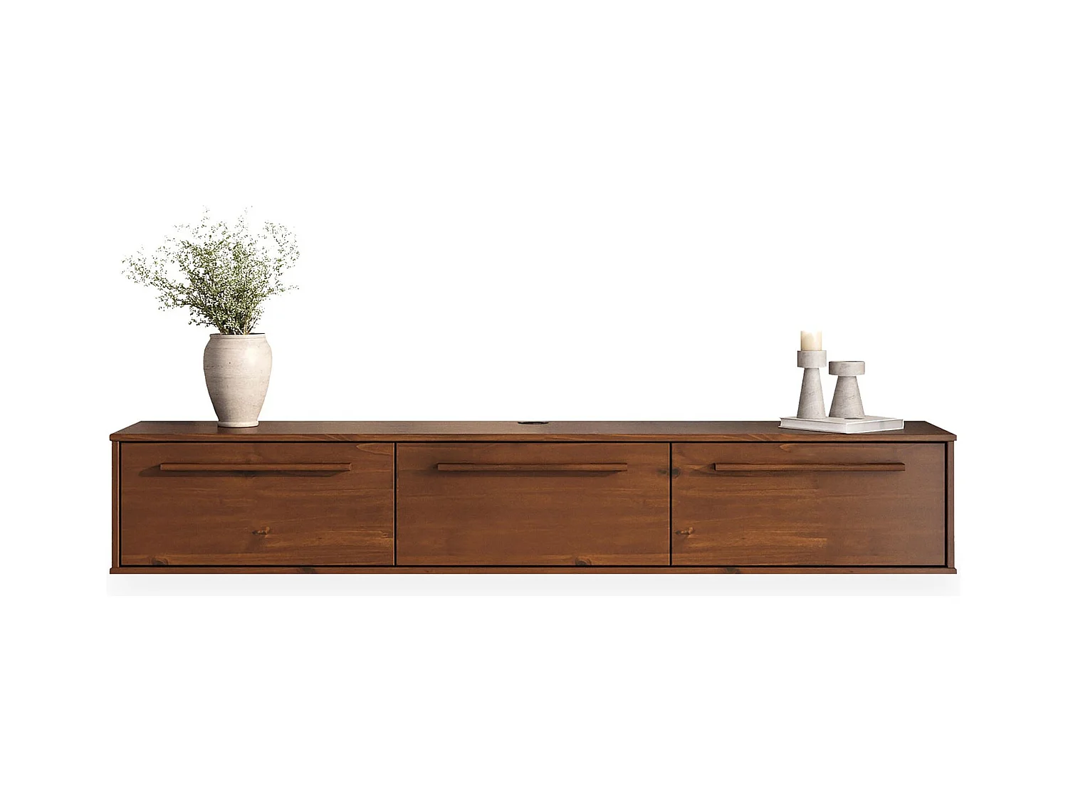 Meuble TV Suspendu TECCA L 180 cm en Bois Massif Coloris Châtaignier avec 3 Portes, Meuble Télé Mural Design Moderne