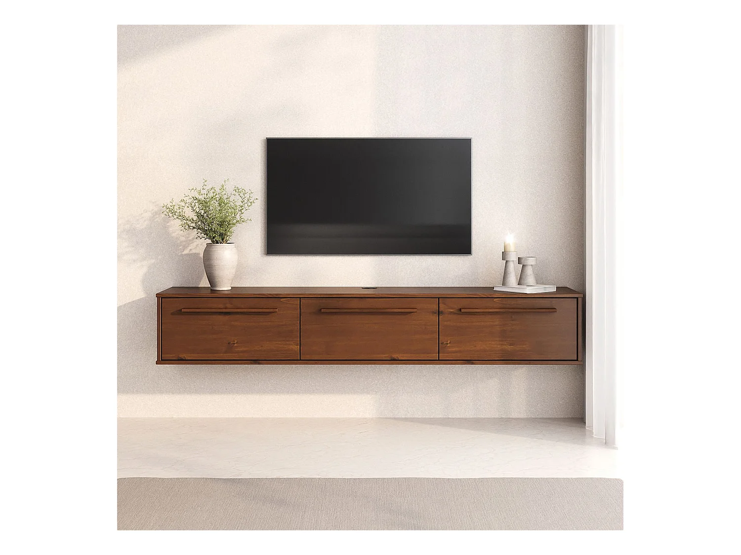Meuble TV Suspendu TECCA L 180 cm en Bois Massif Coloris Châtaignier avec 3 Portes, Meuble Télé Mural Design Moderne