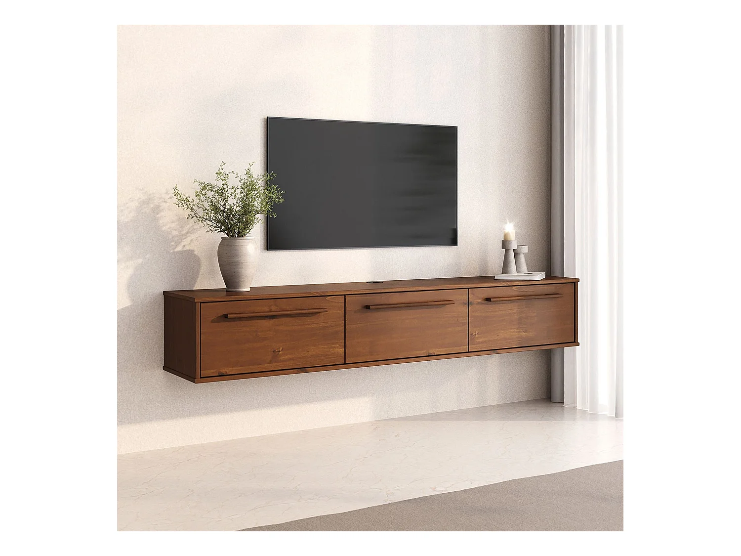 Meuble TV Suspendu TECCA L 180 cm en Bois Massif Coloris Châtaignier avec 3 Portes, Meuble Télé Mural Design Moderne