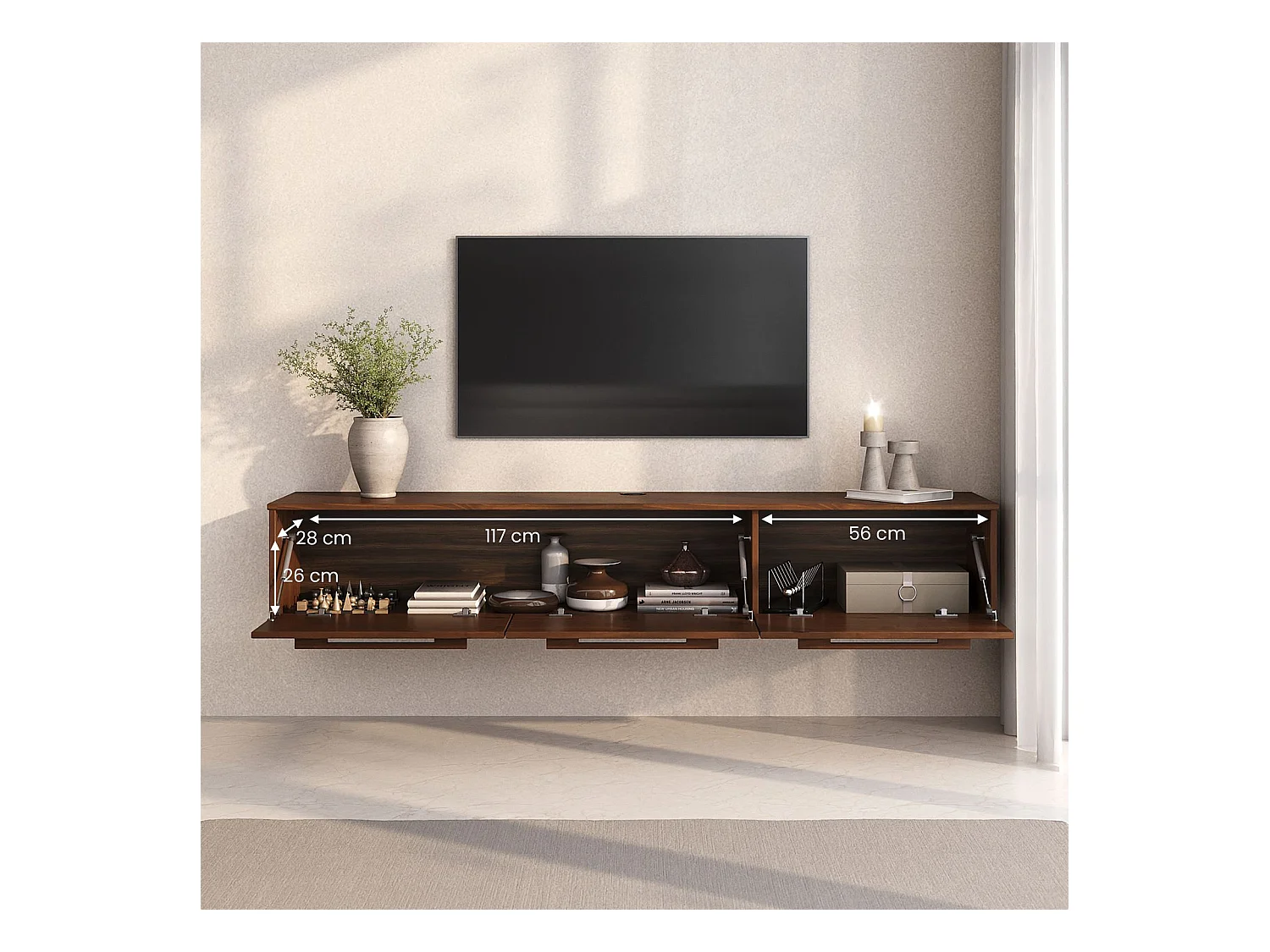 Meuble TV Suspendu TECCA L 180 cm en Bois Massif Coloris Châtaignier avec 3 Portes, Meuble Télé Mural Design Moderne