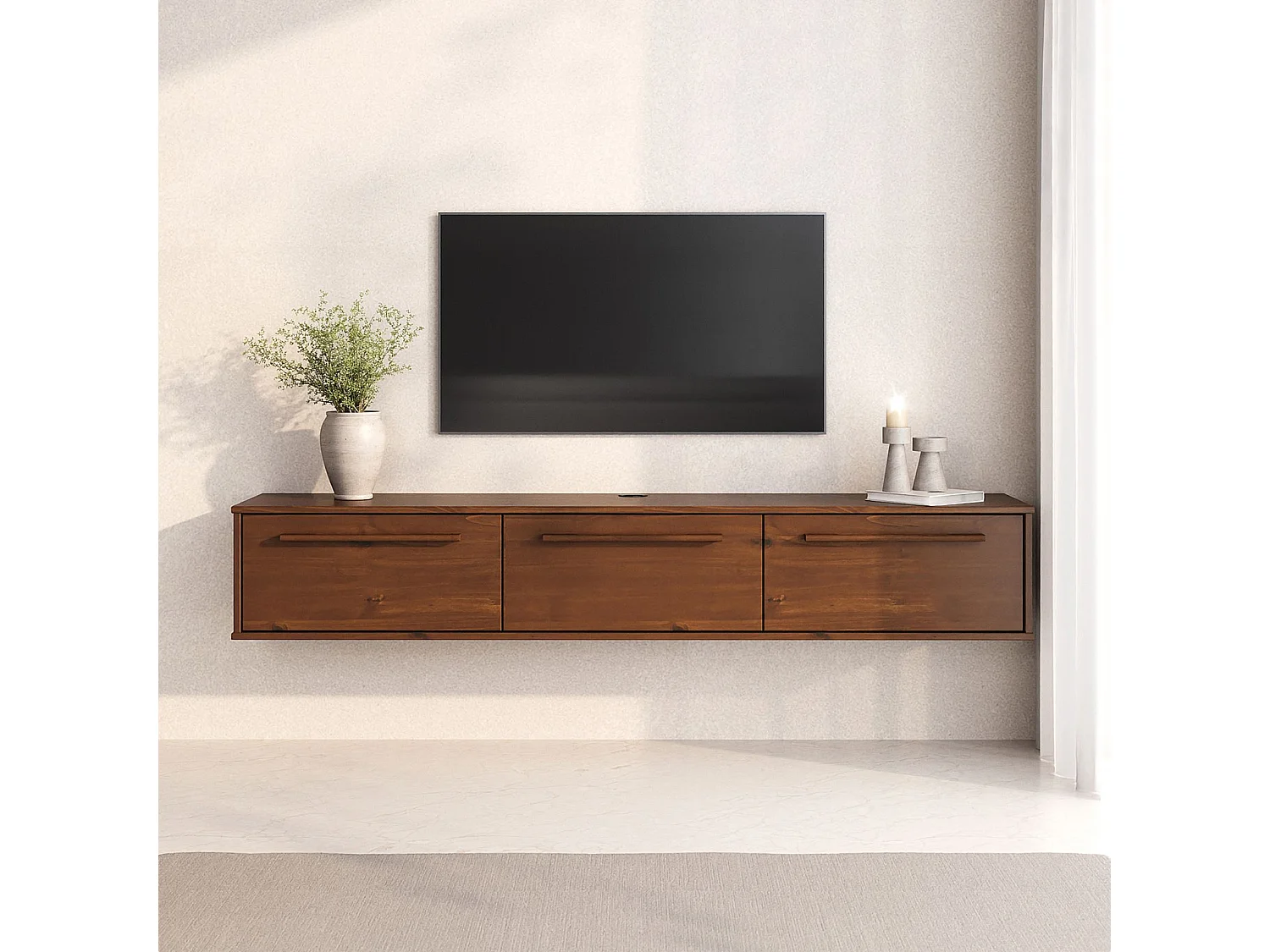 Meuble TV Suspendu TECCA L 180 cm en Bois Massif Coloris Châtaignier avec 3 Portes, Meuble Télé Mural Design Moderne