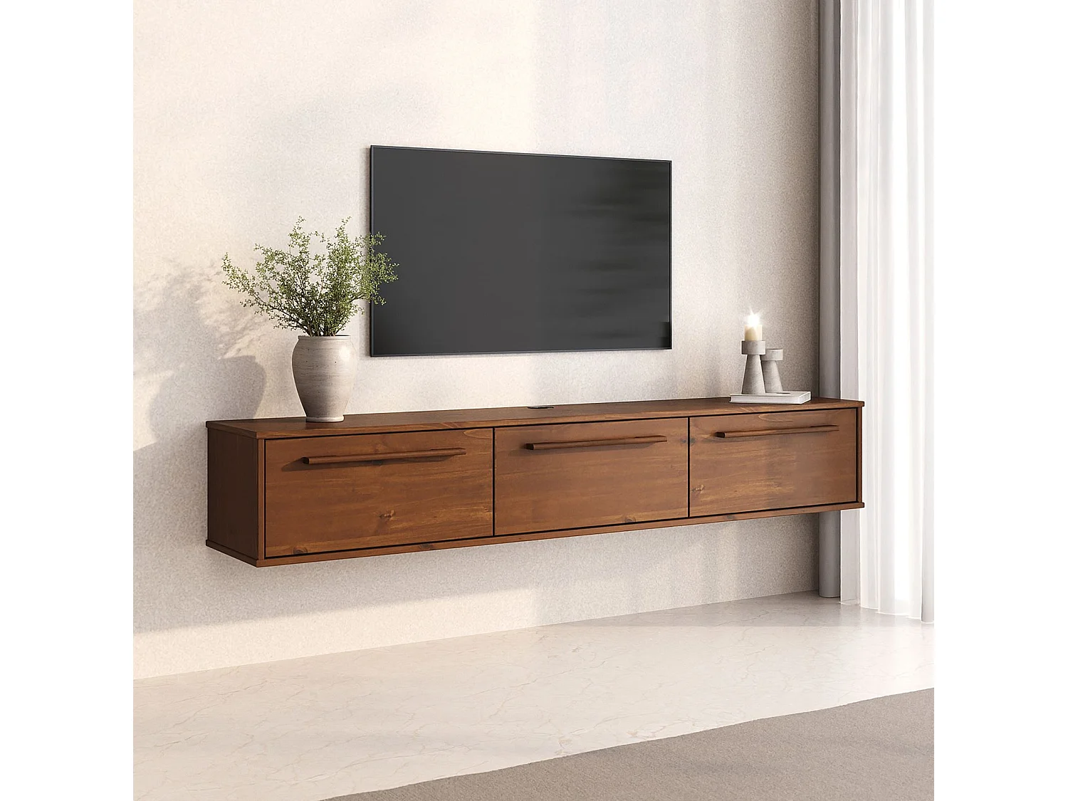 Meuble TV Suspendu TECCA L 180 cm en Bois Massif Coloris Châtaignier avec 3 Portes, Meuble Télé Mural Design Moderne